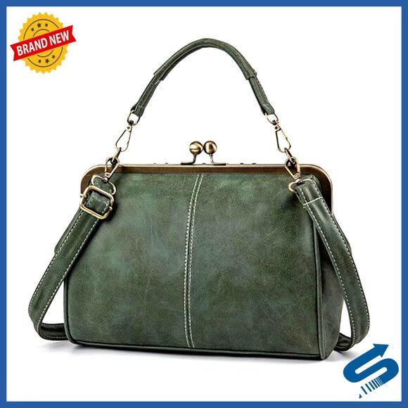 Handbags - Vegan Leather Satchel with Kiss Lock Closure, Adjustable Strap, 11x8.6 Inches